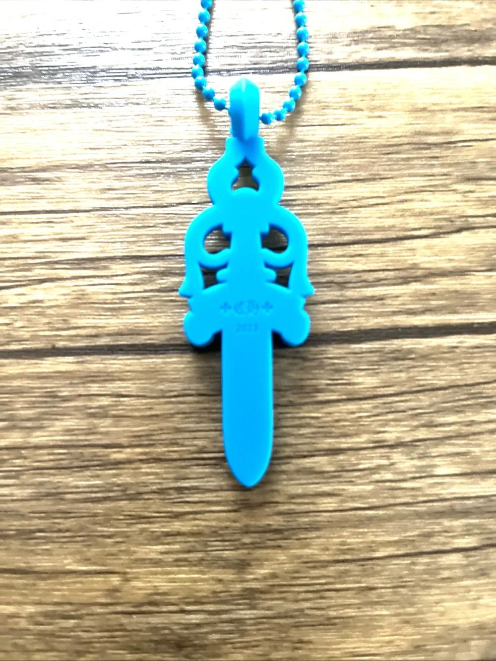 Chrome Hearts Blue Dagger Pendant Necklace with Beaded Chain